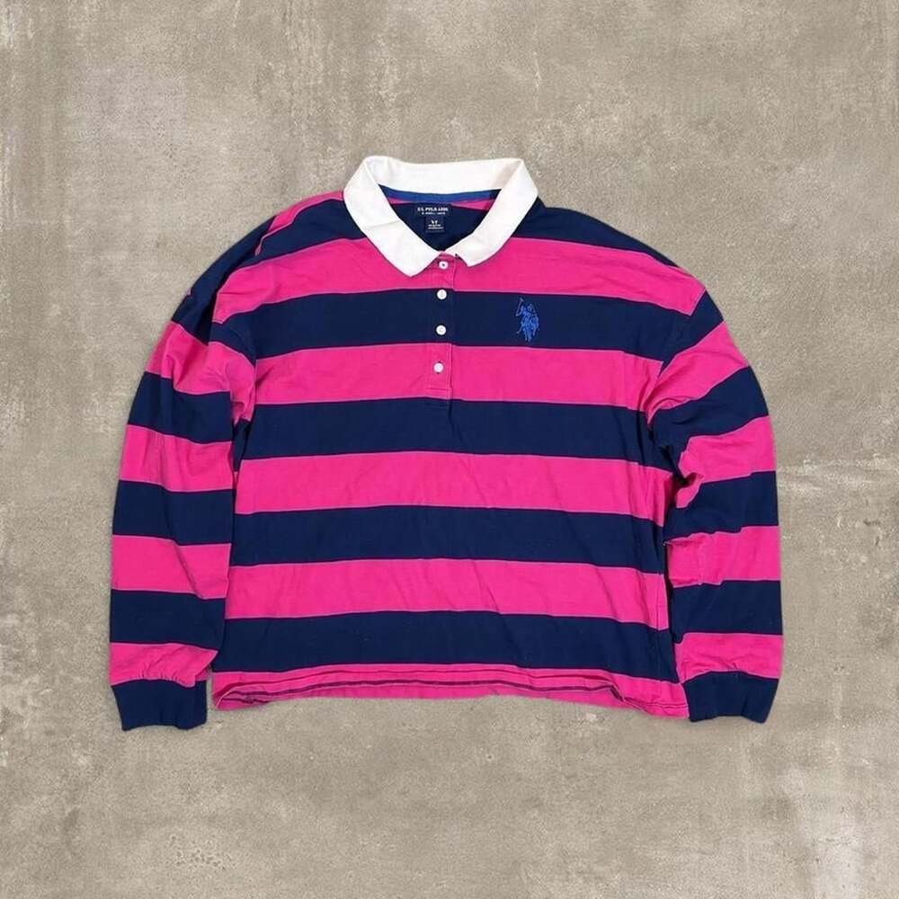 U.S. Polo Assn. Striped Rugby Polo Shirt XXL Pink Navy Blue Long Sleeve
